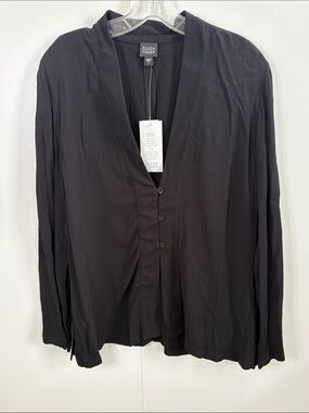 Eileen Fisher Black Crinkle Rayon Lightweight V-Neck Button Jacket L